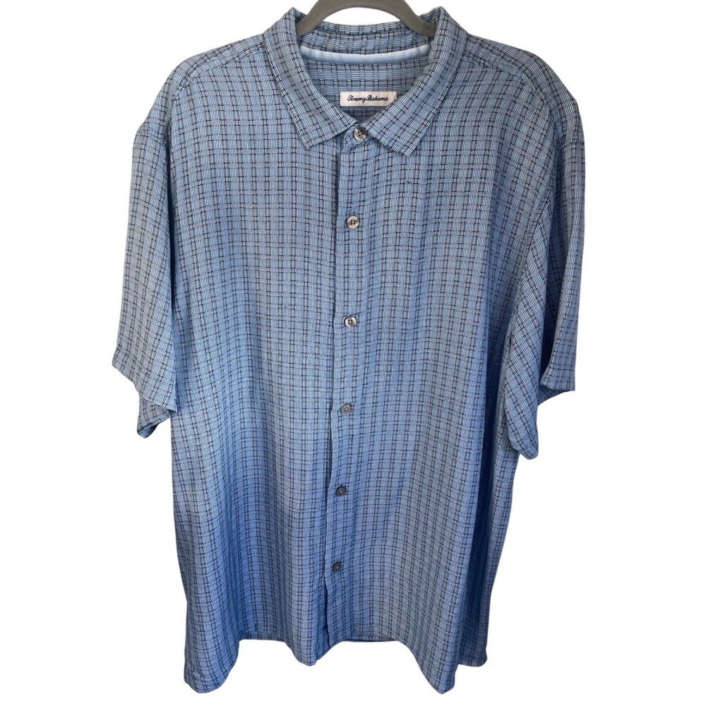 Tommy Bahama Mens XXL Blue Silk Geometric Basketweave Short Sleeve Button Shirt